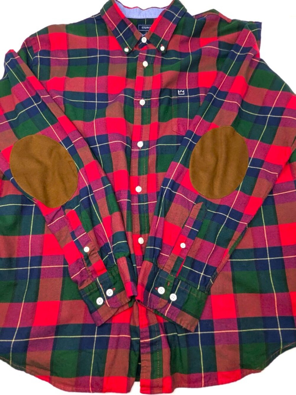 Crown & Ivy Men's Elbow Patch Plaid Shirt XL Red Green Blue Button Collar Preppy